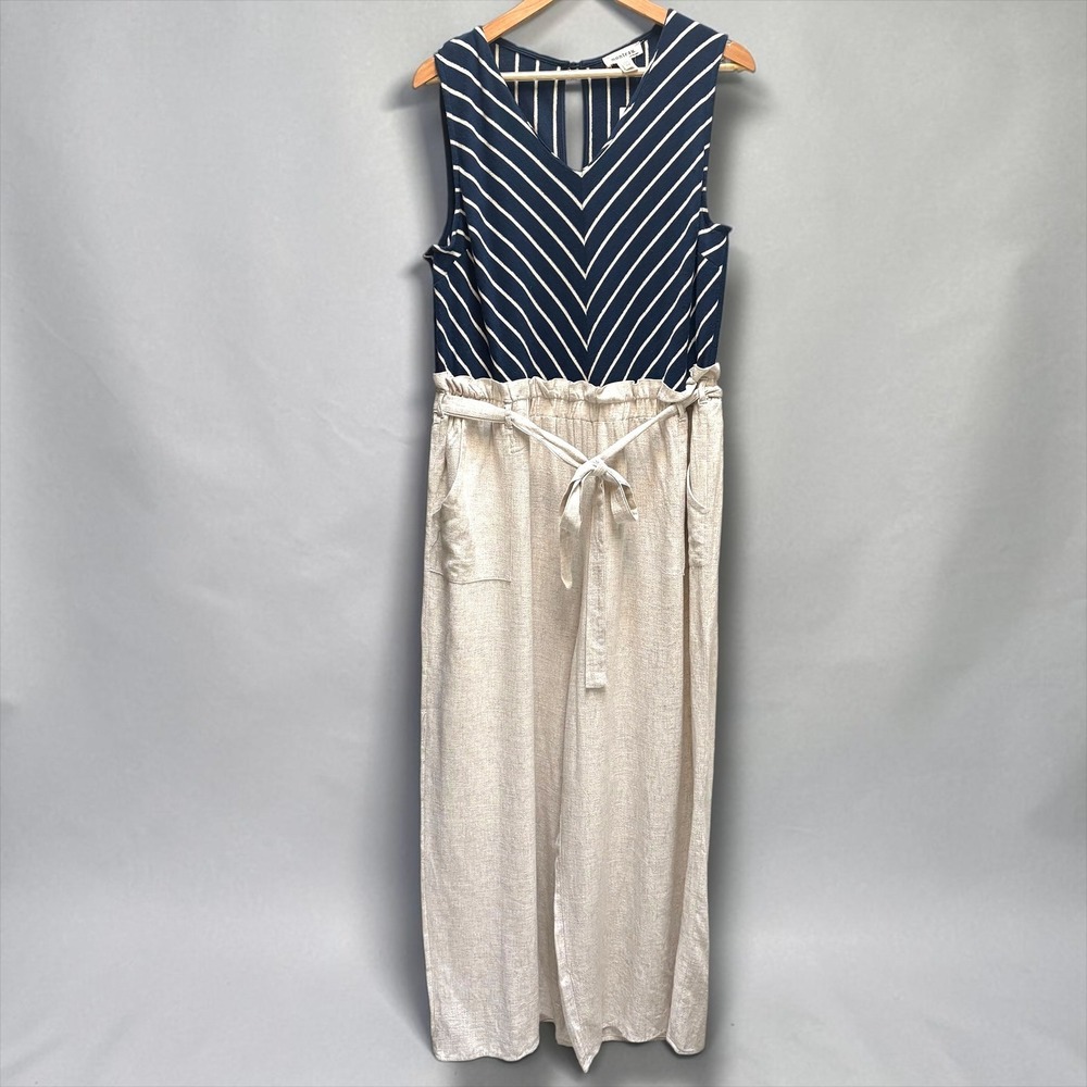 Monteau Los Angeles Navy Ivory Striped Linen Blend Wide Leg Jumpsuit 3X PL42571A